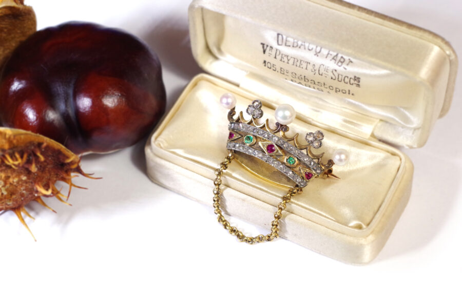 victorian crown brooch in gold rubies pearls emeralds