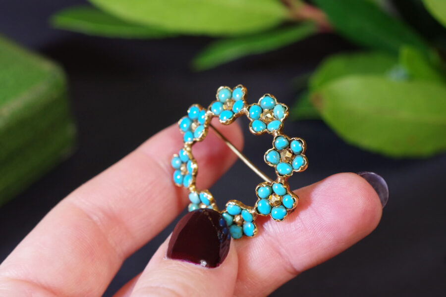antique forget me not turquoise brooch in gold