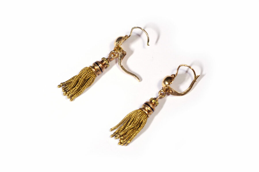 antique enamel pompon earrings in 18k