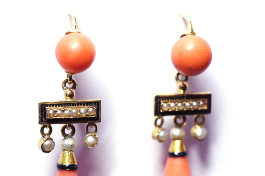 antique coral enamel earrings in gold