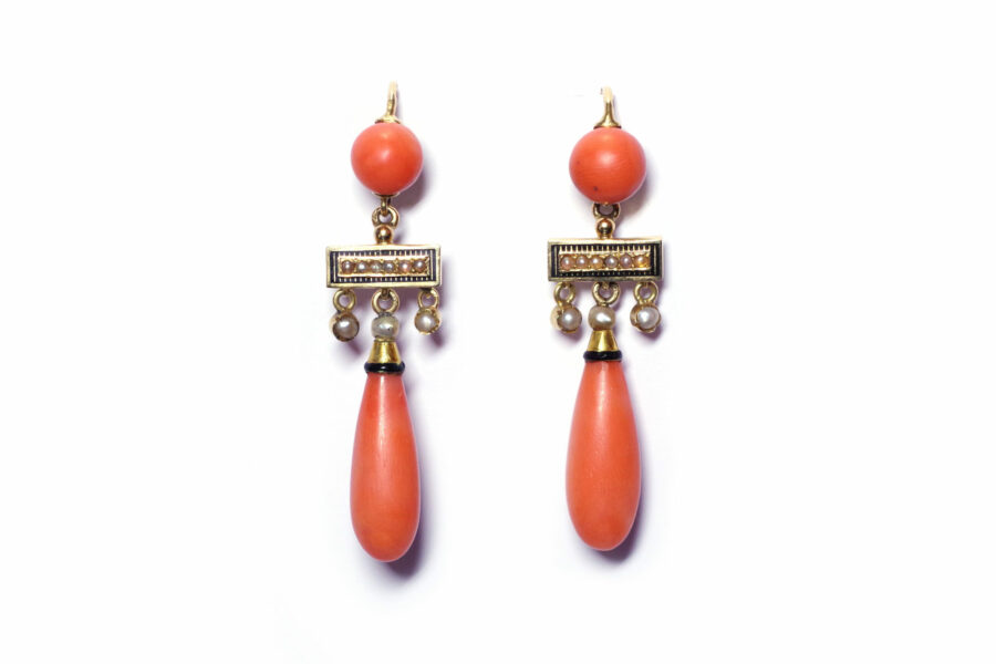 victorian coral dangle earrings in gold