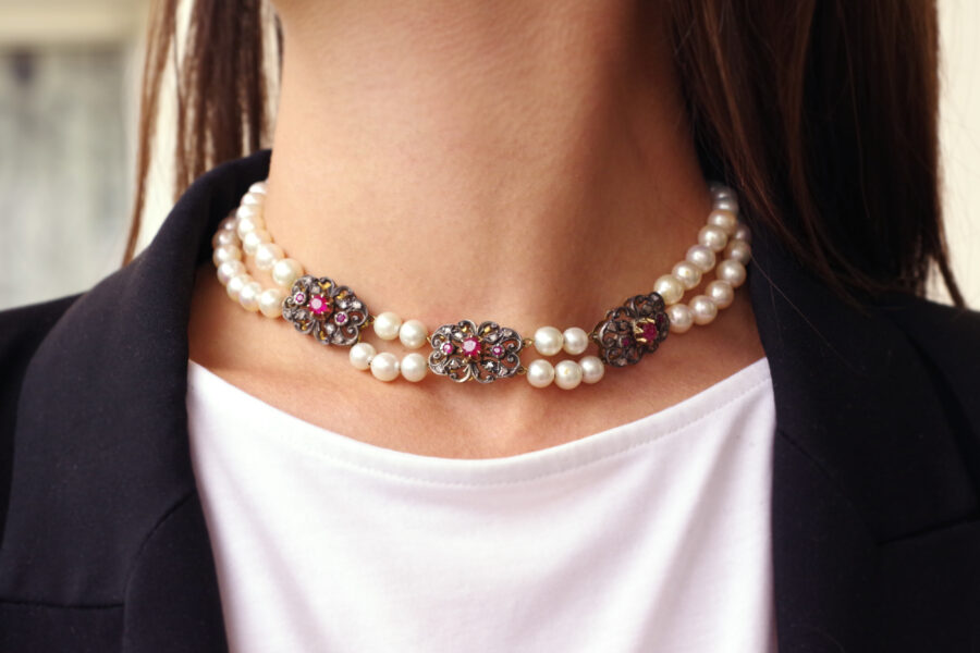 antique silver and gold pearl necklace
