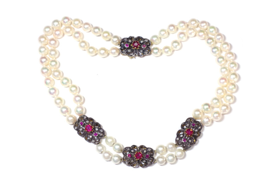 two raws pearl necklace with rubies and diamond