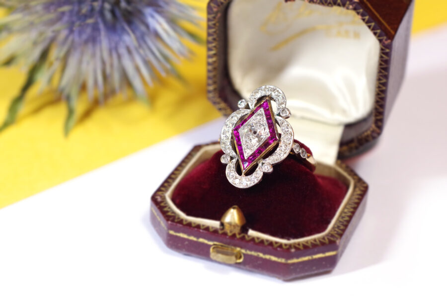 edwardian cluster diamond ruby ring