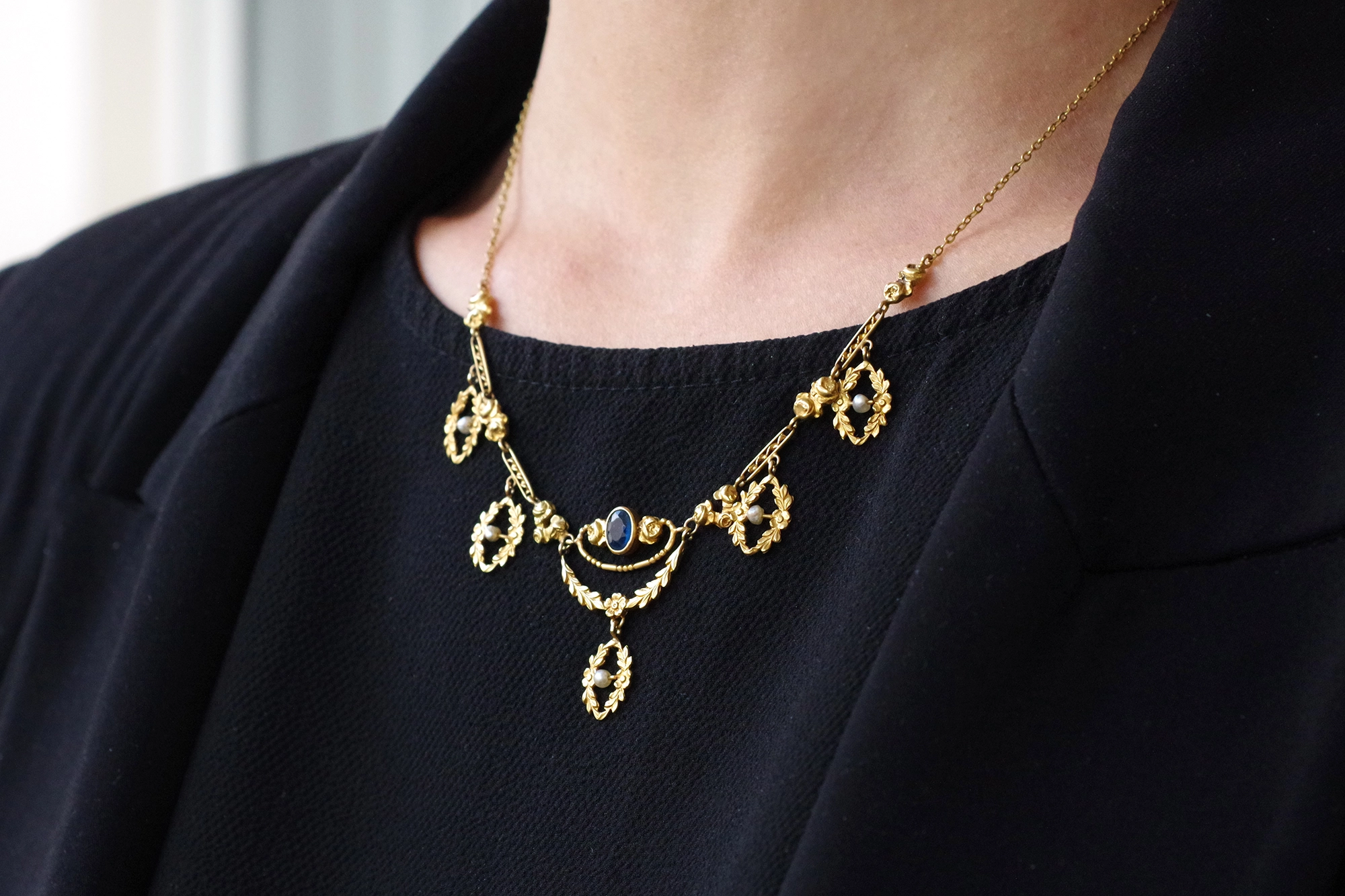 Antique Two-Tone 14k Gold Decorative Link Choker Necklace