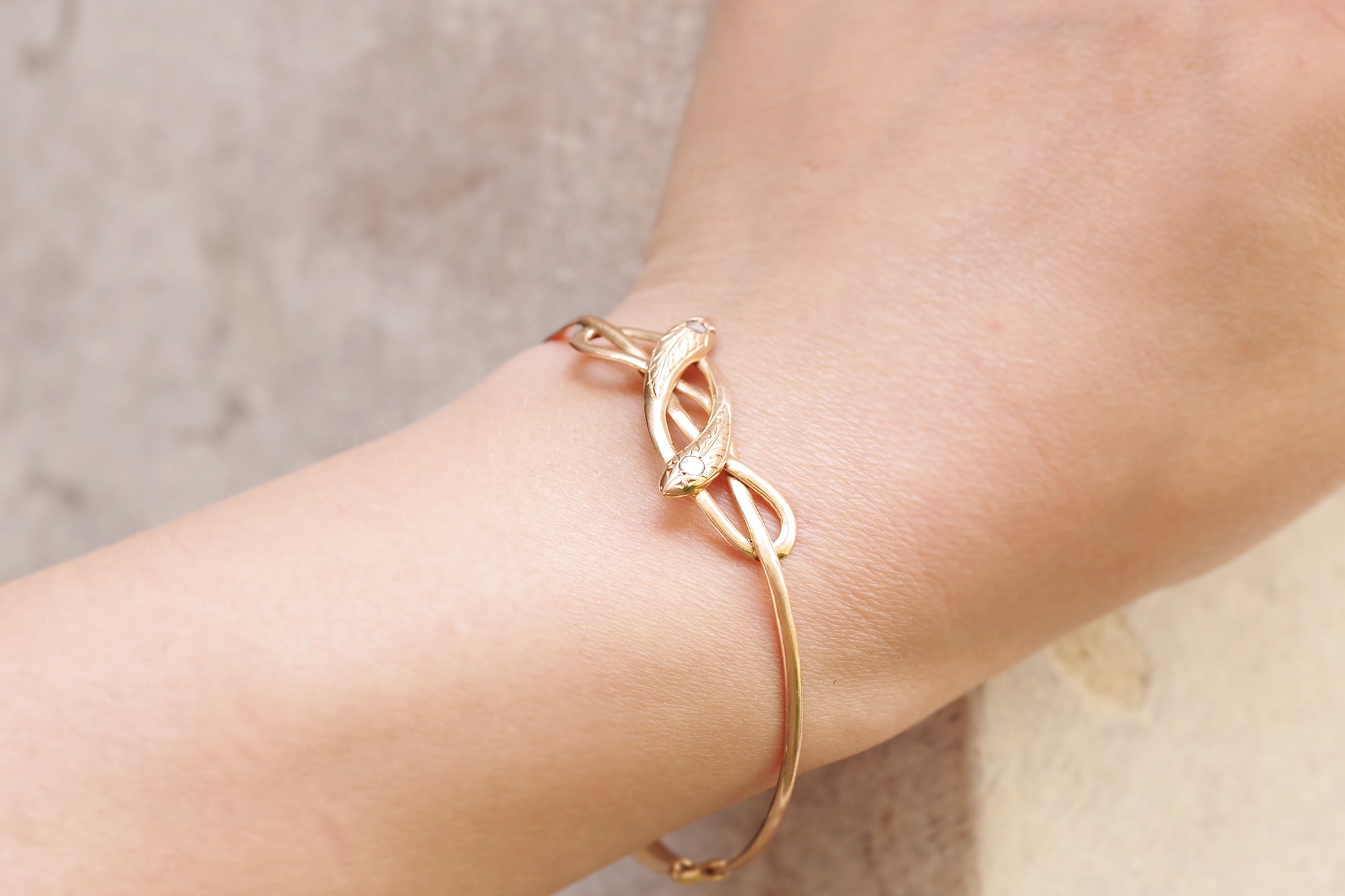 Victorian Snake Wrapped Bangle Bracelet with Diamonds in 14K Gold