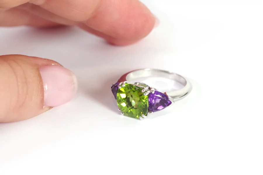 Peridot and amethyst trilogy ring