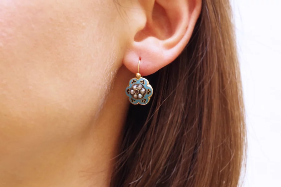 flower blue enamel earrings