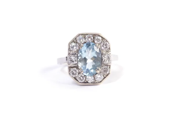 art deco style aquamarine diamond ring