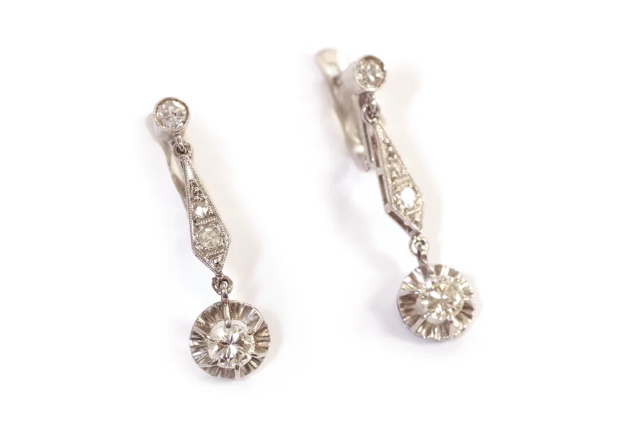 art deco diamond dangle earrings in platinum
