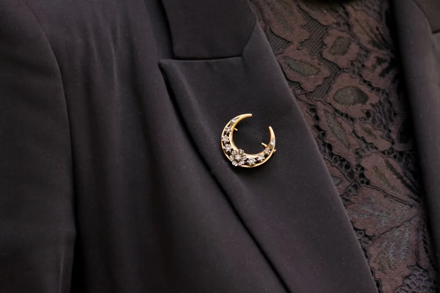 diamond gold and silver moon brooch