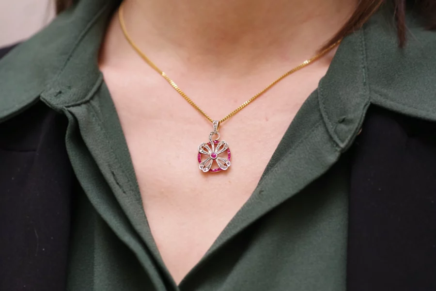 Art deco Ruby diamond lucky clover pendant