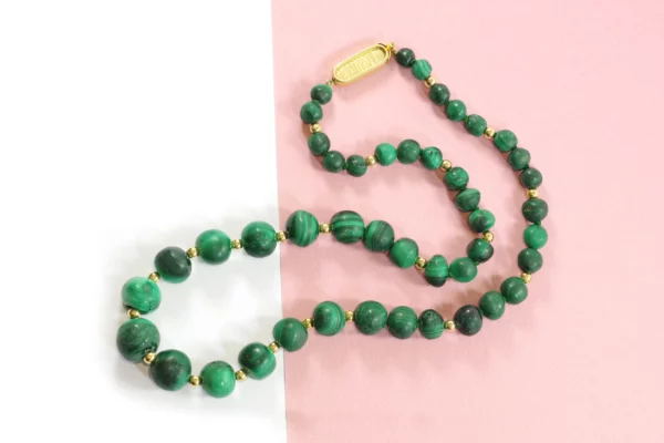 malachite pearl necklace with a gold clasp