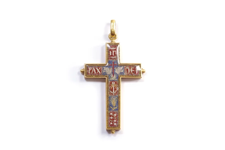 Antique micro-mosaic gold cross pendant