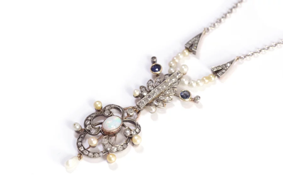 Opal diamond belle epoque pendant necklace