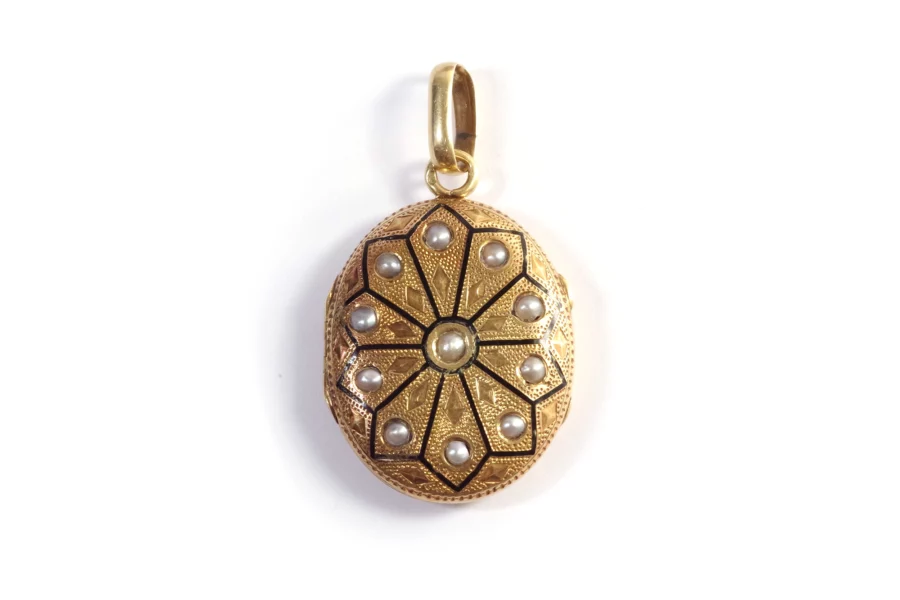 Pearl and black enamel gold locket pendant